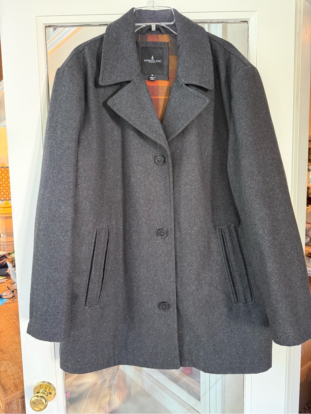 London Fog Charcoal Gray Peacoat with Plaid Lining XL. GUC